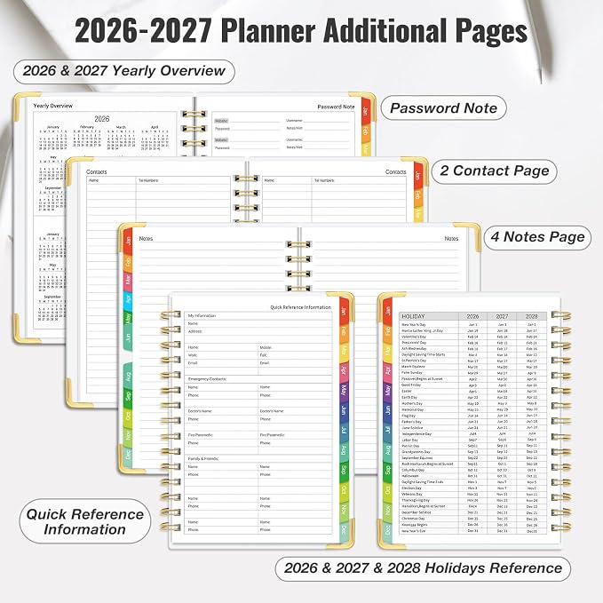 Daily Planner 2026-2027, 18 Month Planner with Tabs, January 2026 - June 2027 Weekly and Monthly Academic Year Calendar Spiral Time Management, 100GSM Thick Paper, Twin-Wire Binding, A5 Size, Multicolor