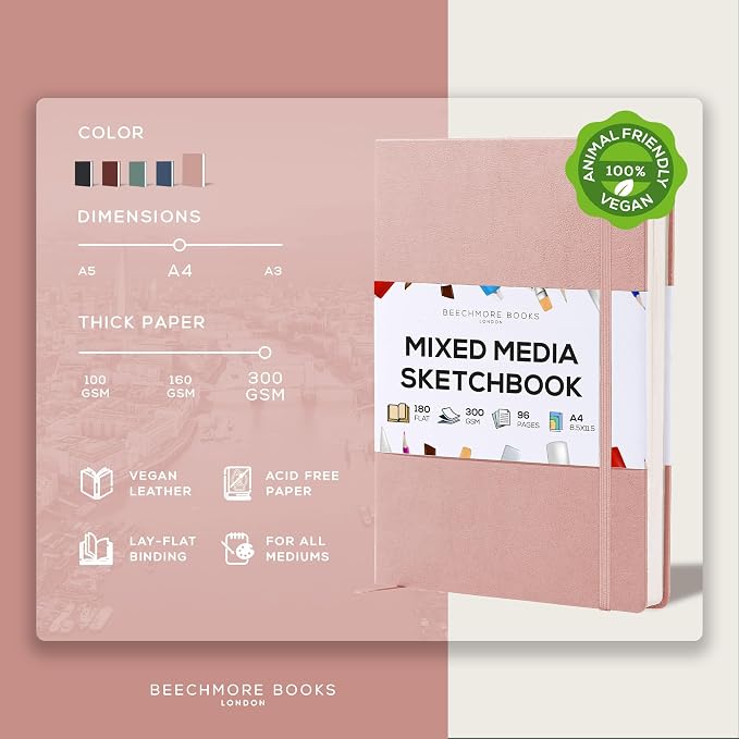 Beechmore Books Heavyweight Mixed Media Sketchbook - A4 8.5"x11" 300 GSM 48 Pages, Hardcover Lay-Flat Professional Journal for Painting, Acrylics and Wet Media