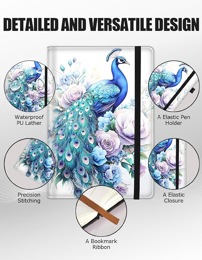 Hardcover Executive Notebooks, A5 PU Leather Lined Journal Notebook, 200 Pages Thick Paper Subject Notebooks for School,Work,Home Writing Business Notebook, Diary Book ，Peacock and Flowers