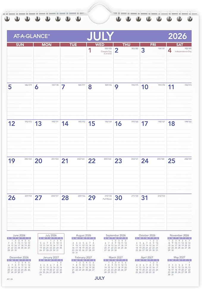 AT-A-GLANCE Wall Calendar 2026-2027 Planner, Academic 12-Month July-June, Monthly, 11" x 8", Ruled Daily Blocks (AY128)