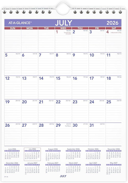 AT-A-GLANCE Wall Calendar 2026-2027 Planner, Academic 12-Month July-June, Monthly, 11" x 8", Ruled Daily Blocks (AY128)