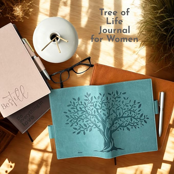 SETTINI® Refillable Vegan Leather Journal with Pen, Tree of Life | refillable insert system, luxury pen, 192 pages, vegan leather, A5, lined refill, gift