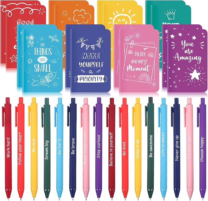 Funrous 32 Pcs Motivational Quote Pens Inspirational Notepads Mini Journal with Ballpoint Pen Small Notebooks Gift for Men Women Coworker Adult Party Favors Prize Teacher Student Office(Minimalistic)