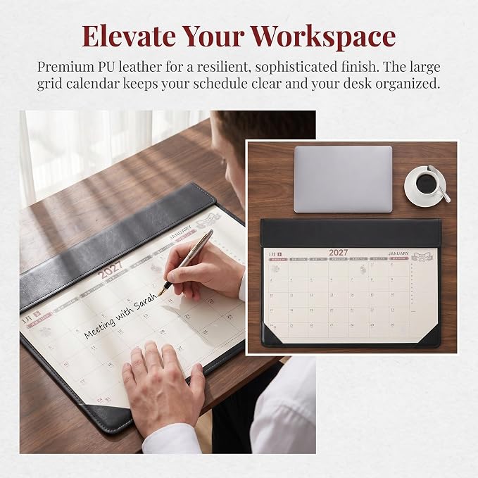 Kisangel Large Desk Blotter Calendar - 2027 PU Leather Computer Pad with Monthly Calendar - 17x12" Desk Mat for Home Office School Study