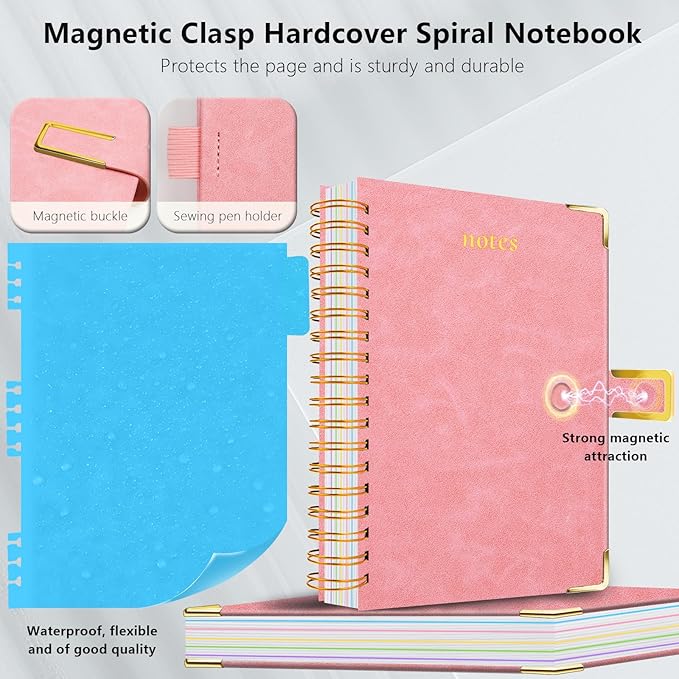 Hardcover Spiral Notebook College Ruled, 8"x10" Leather Journal Notebook with Magnetic Closure, 300 Pages 5 Subject Notebook with Dividers Tabs Journal for Women Men, Work, School(Pink)