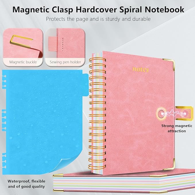 Hardcover Spiral Notebook College Ruled, 6.2"x 8.2" Leather Journal Notebook with Magnetic Closure, 300 Pages 5 Subject Notebook with Dividers Tabs Journal for Women Men, Work, School(Pink)