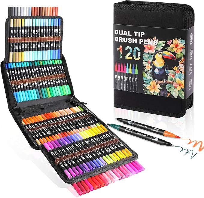 TOSHARE 120 Colors Brush & Fine Dual Tip Watercolor Markers for Adult Coloring Books No Bleeding Paint Pens For Drawing Note Taking Planner Calligraphy Journaling Card Making Back-to-School Supplies
