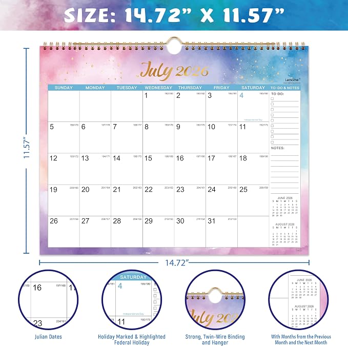 Calendar 2026-2027 - 18 Months Wall Calendar 2026-2027 from Jul. 2026 - Dec. 2027, Wall Calendars 2026-2027 14.8'' x 11.5'', Calendar with Julian Date, Thick Paper, Large Block