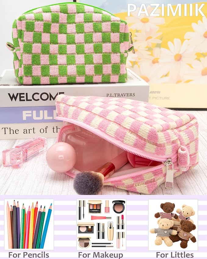 Checkered Makeup Bag for Purse, Small Cosmetic Pouch,Pink Beige,6 Pack | Cute Zipper Makeup Organizer for Women, Travel Essentials, Toiletries, Makeup Brushes, Beauty Accessories&Bridesmaid Gifts