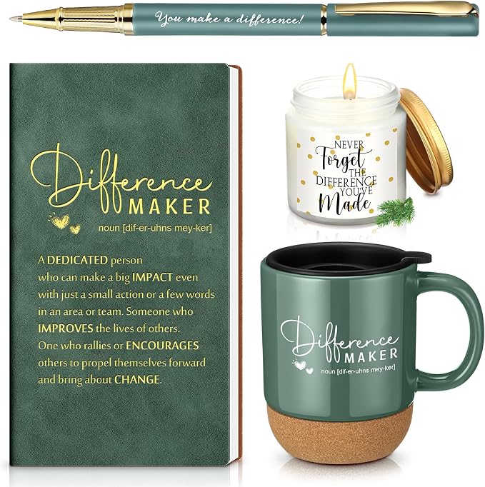 4 Pcs Difference Maker Gift Set Mug Notebook Candle Pen,Dark Green,Word