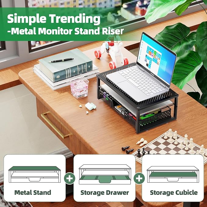 Simple Trending Metal Monitor Stand Riser and Computer Desk Organizer with Drawer for Laptop, Computer, iMac, Black | 16"W x 10"D x 6.25"H. Sturdy Metal Frame. 2-tier + drawer. Holds 66 lbs. Anti-slip. Fits laptop, monitor, iMac. Easy assembly