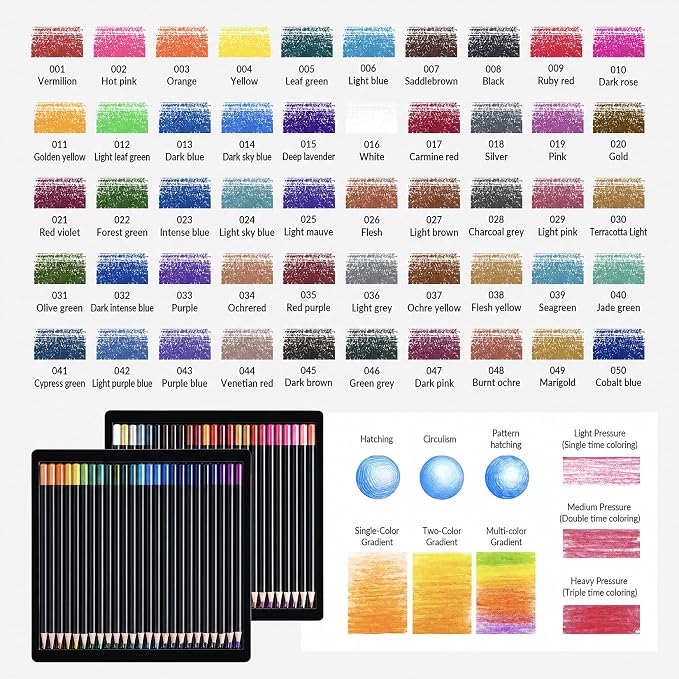 FUNLAVIE 50 Count Colored Pencils for Adult Coloring Books, Coloring Pencil Set for Adults, Soft Core Drawing Pencils for Sketching, Blending, Layering & Shading, Art Supplies for Artists