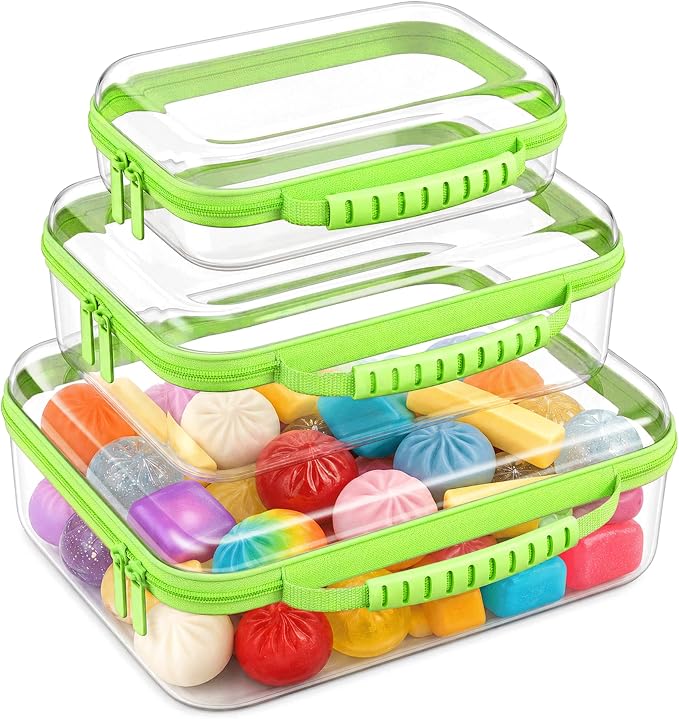 Large Toy Storage Bags with Handle,Clear Hard Shell Zipper Case, 3 Pcs Travel Toiletry Bag,Waterproof toys storage and Organizer Bags for Puzzles,Diapers,Cosmetics,Reusable Organizer Pouch (Green)