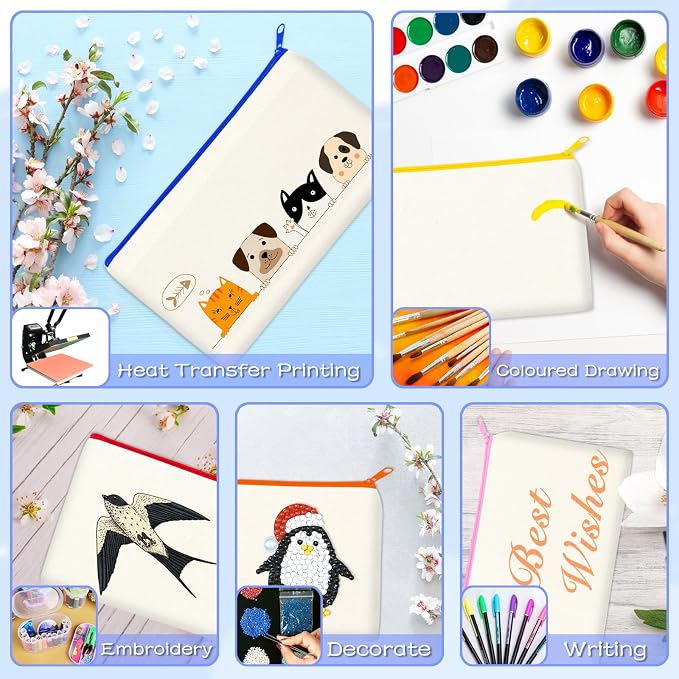 ZeeDix Canvas Zipper Pouch Bulk – 8.3 x 5 Inches Cotton Canvas Pouches with Zipper, Canvas Pencil Pouch, Makeup Bags Bulk for Travel Cosmetic Toiletry, Multipurpose Zipper Pouch for DIY Craft Storage