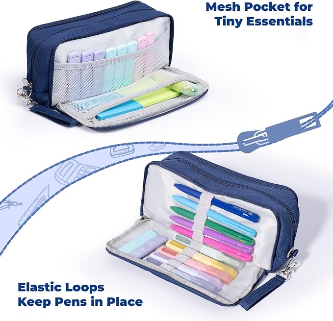 Four Candies Blue Pencil Case 3 Compartment Pouch, Large Pencil Case for School, Girls, Teen Boys, Women, Dark Blue, Removable Handle & Zipper, Cute Pencil Bag for Office, College