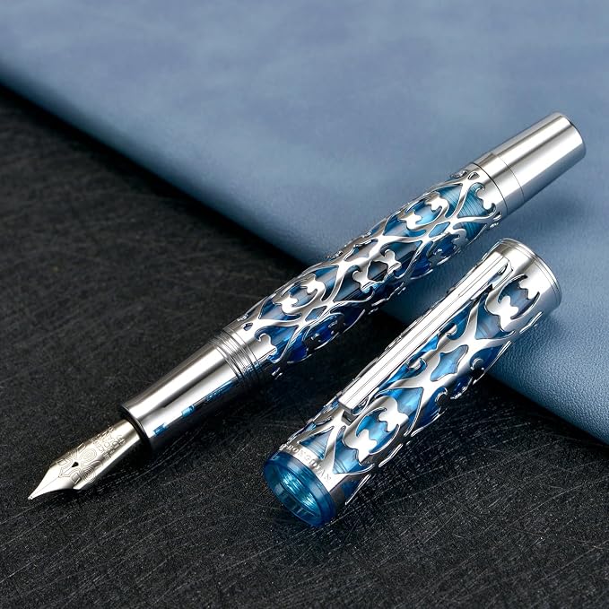 HONG DIAN D1 Piston Fountain Pen Extra Fine Soft Nib, Silver Blue Hollow Skeleton & Resin Pen with Metal Case Set