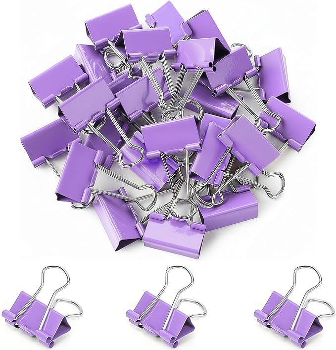 30 Pack Medium Purple Binder Clips 1-1/4 Inch (32 mm), Colored Middle Size Paper Clamps, Large Big Paper Clips for Office Home School Business 1.25"