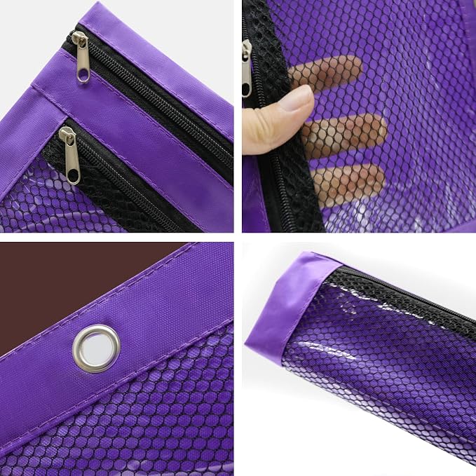 Pencil Pouch for 3 Ring Binder, Heavy Duty Canvas Dual Zipper Pen Bag with Clear Window, Smooth Metal Zipper, Fit Standard 3-Ring Binders for School Office Travel Supplies (Purple)