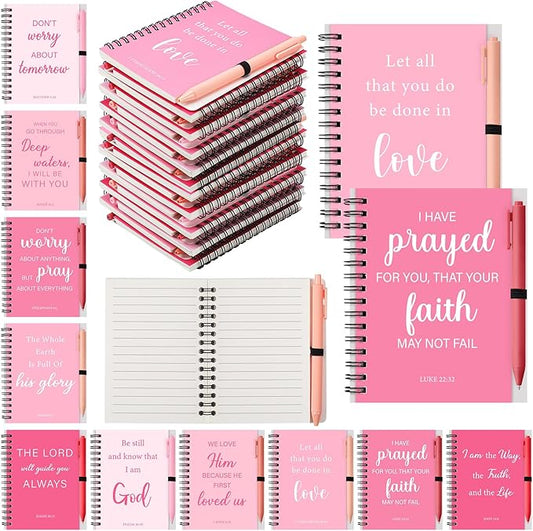 10 sets Pink Christian Gift Bulk Inspirational Prayer Journal Bible Spiral Notebook and Ballpoint Pen Religious Scripture Notepad for Women Teacher Church Gift Pink Party Favor