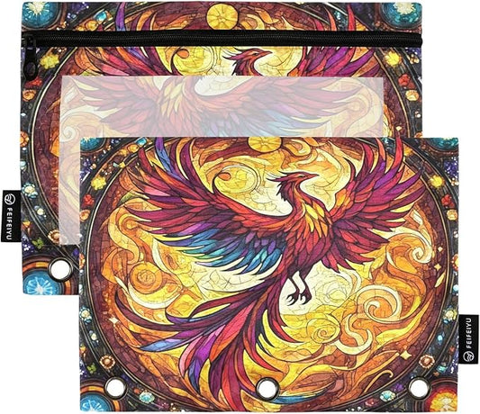 Phoenix Fire Wing Rainbow Glass Pencil Pouch for 3 Ring Binder 2 Pack Zipper Binder Pencil Bag with Clear Window Pencil Case for Office Supplies
