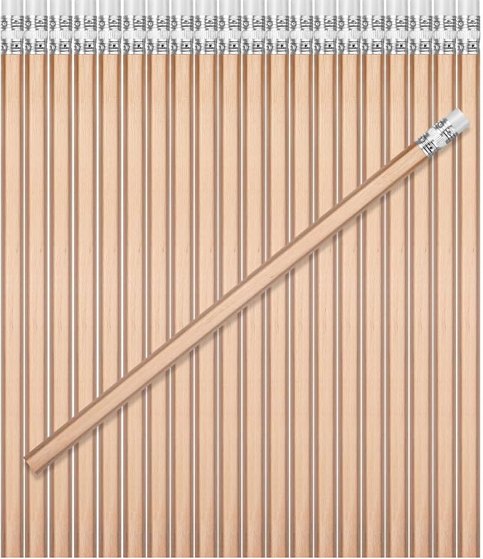 TecUnite 60 Pcs HB Pencils #2 Unsharpened Wood Cased Pencils with Eraser Hexagonal Pencil Cute Graphite No 2 Pen for Adults Gifts Exam School Office Sketching Learning (Wood Color, Silver)