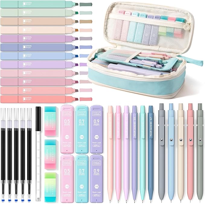 Four Candies School Supplies with Cute Pen Case, 39ct, Blue | Back to School Stationery Set, Essentials for College & Nursing Students, 5 Gel Pens, 6 Mechanical Pencils, 12 Highlighters