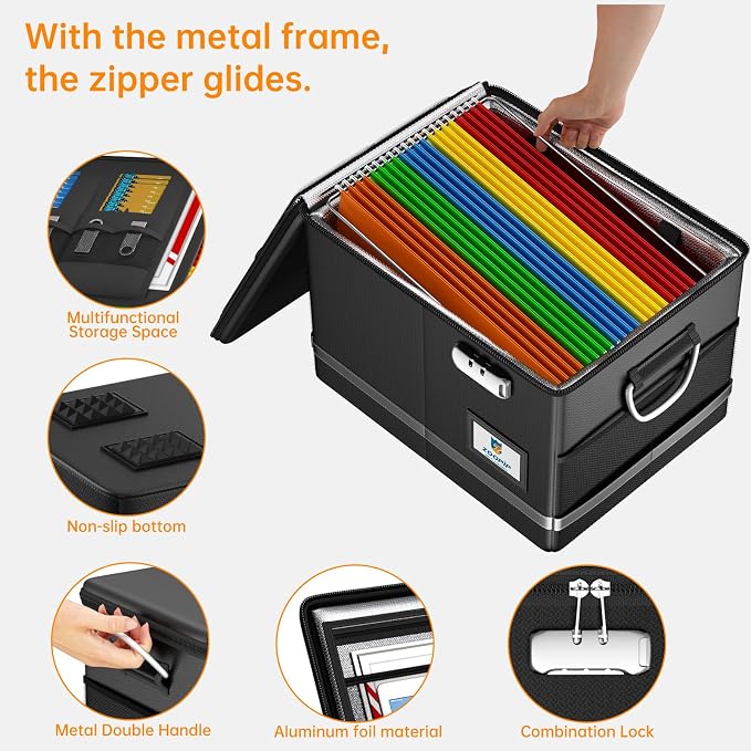 5200°F Fireproof Document Box, Foldable File Organizer with Lock | Fits Hanging Letter Legal Folders, Portable Home Office Travel Safe Storage, for Important Paper, Large Capacity, Black