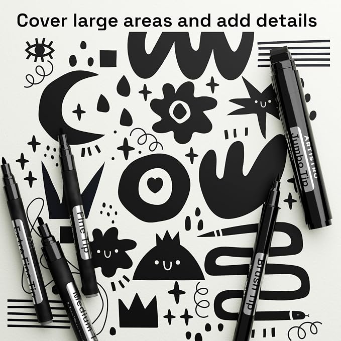 ARTISTRO Black Paint Pens - Various Tips - Set of 5 | Acrylic Paint Markers, Water-Based, For Rock, Glass, Ceramic, Wood, Tire, Fabric, Metal, Canvas, Marking, Painting