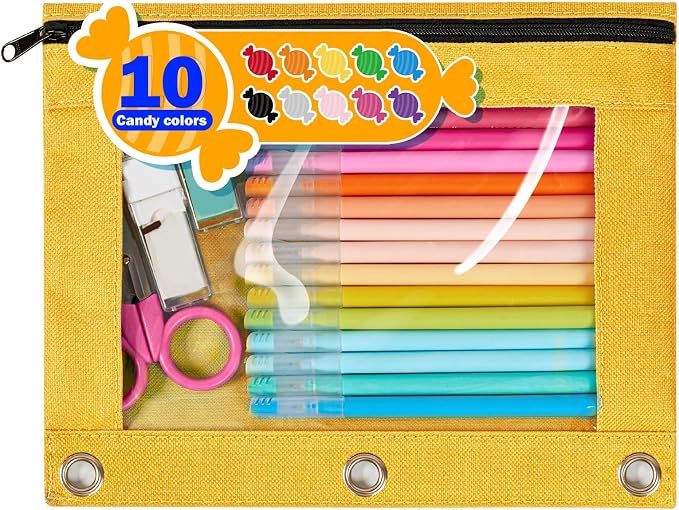 Forvencer Pencil Pouch for 3 Ring Binder, Large Pencil Case Pouch with 3 Reinforced Grommets, Pen Bag, Clear Window Pencil Case, Binder Accessories, Daffodil