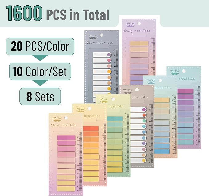 Mr. Pen- Colorful Sticky Tabs, 1600 pcs, Translucent Page Markers | Water-Resistant Book Tabs for Annotating, Bible Study, Planning, Indexing & Document Organization