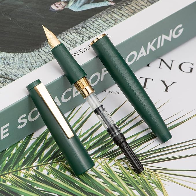 Jinhao 80 Dark Green Fiber Brushed Fountain Pen, Iridium Ultra Fine Gold Nib with Ink Converter, Classic Design Smooth Writing Pen (Gold Clip)