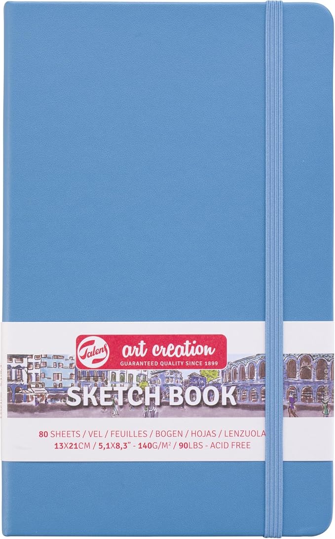 Talens Art Creation Sketchbook, Lake Blue, 80 Sheets, 5.1 x 8.3 in | Hard-Bound Pocket Notebook, 140 GSM/94 lbs Paper, Acid-Free Cream Blank Paper, Ribbon Bookmark and Elastic Closure