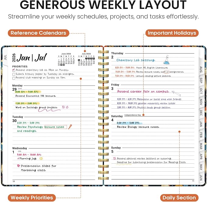 Planner 2026-2027, Academic Year Monthly and Weekly Calendar Planner, Jul 2026 - Jun 2027, Hardcover Teacher Student Planning Agenda book with Tabs, Perfect for School Office Supplies, 6.3" x 8.5" - Enchanted Mushrooms