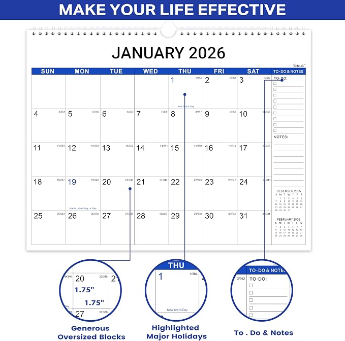 2026 Wall Calendar - 12 Months Wall Calendar, January 2026 - December 2026, 15" x 11.5", Large Writing Blocks, Suitable for Hanging on the Wall