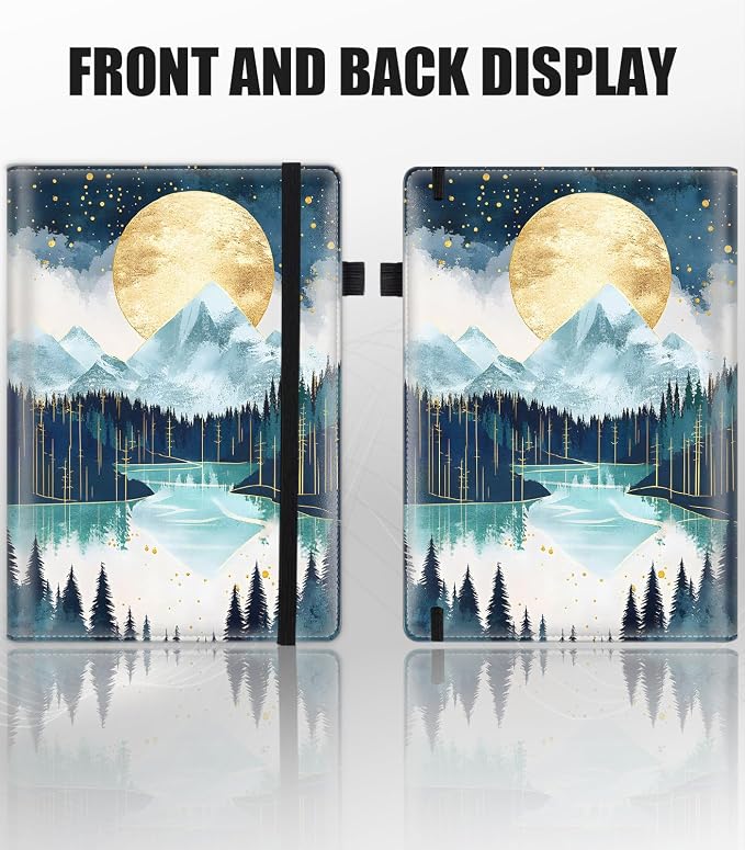 Hardcover Executive Notebooks, A5 PU Leather Lined Journal Notebook, 200 Pages Thick Paper Subject Notebooks for School,Work,Home Writing Business Notebook, Diary Book ，Moon Over Mountains