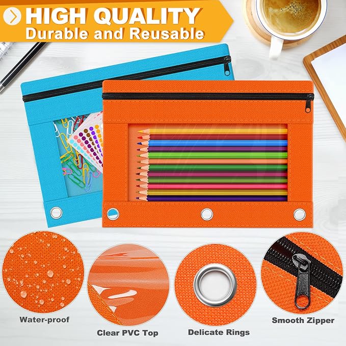 3 Ring Binder Pencil Pouch, 120 Pack Bulk Zipper Pencil Cases with Clear Window, 6 Color Cloth Binder Pouches with 3 Holes, Durable Pencil Bags for Classroom School Office Supplies
