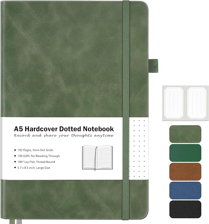Dotted Journal, Hardcover Leather Dot Grid Notebook Journal for Women Men | No Bleed Thick Paper for Smooth Writing, Lay Flat, A5 Portable Size for Work, School, and Travel, Professional Business Style