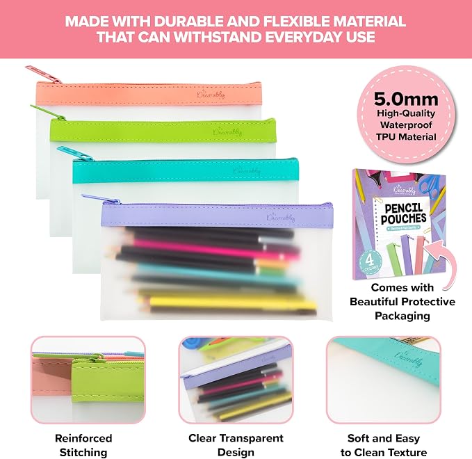 Decorably 4 Pack Clear Pencil Pouches with Zipper, 8.5x4.25in TPU | See-Through Pencil Case & Pen Bag in 4 Colors for School Supplies, Cosmetics, Makeup & Travel - Pouch for Girls & Teens