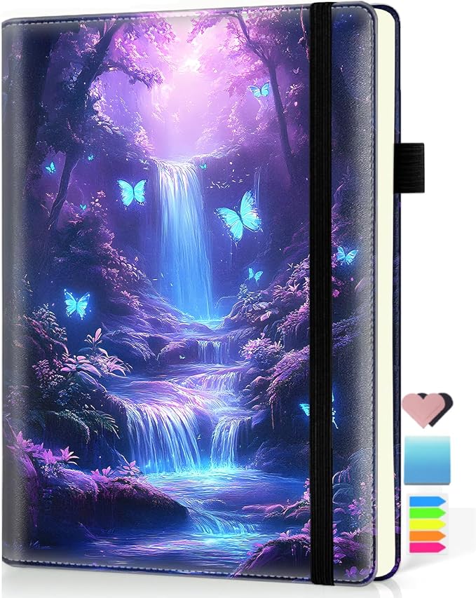 Hardcover Executive Notebooks, A5 PU Leather Lined Journal Notebook, 200 Pages Thick Paper Subject Notebooks for School,Work,Home Writing Business Notebook,Forest Waterfall and Butterfly