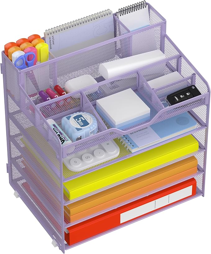 Docnest 5 Tier Mesh Desk Organizer with Letter Tray & Paper Sorter, Purple | Features 3 built-in pen holders & 5 adjustable compartments on top. Includes 4 non-slip rubber feet for desk protection