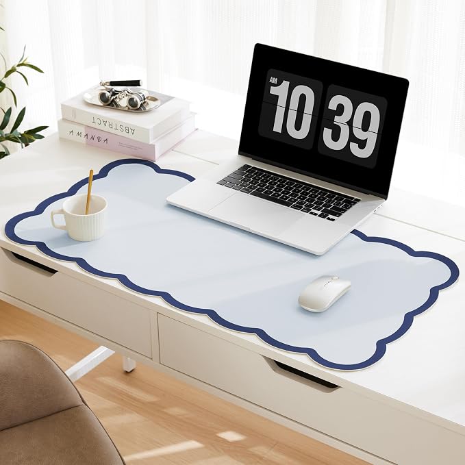 Scalloped Desk Mat, 31.5" x 15.7" Navy Blue Large Cute Aesthetic Desk Accessories, PU Leather Computer Laptop Desk Mouse Keyboard Pad, Desk Writing Mat for Vanity/Work/Home Decor Ocean