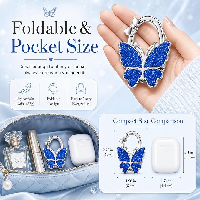 Purse Hook for Table, Foldable Handbag Hanger for Women, Portable Bag Holder with Non-Slip Base, Cute Matte Blue Butterfly Purse Table Hook for Restaurant Office Travel Gift