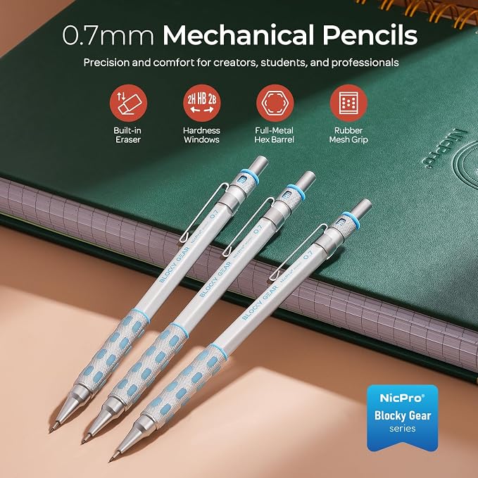 Nicpro Blocky Gear Mechanical Pencils 0.7 mm with Case, 3 Pack | Drafting Pencil with 8 Tube (480PCS) Lead Refills(HB 2B), 4 Erasers, 18 Eraser Refills for Art Writing, Sketching Drawing