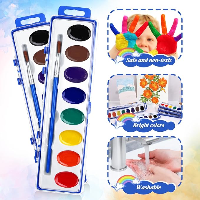 FUMILE Watercolor Paint Set Bulk, 5 Pack, 8 Colors Watercolors Paint with Paintbrush, Washable Watercolor Paint Set Kids for Parties, Birthday Party Favor, Valentines for Kids Classroom.