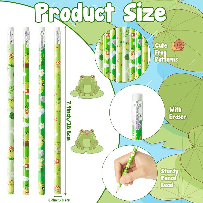 Xqumoi 60Pcs Frog Pencils with Eraser - Summer Frog #2 HB Pencils, Back to School Classroom Student Rewards, Back to School Office Supplies, Party Goodie Bag Fillers Stuffers, Birthday Party Favors