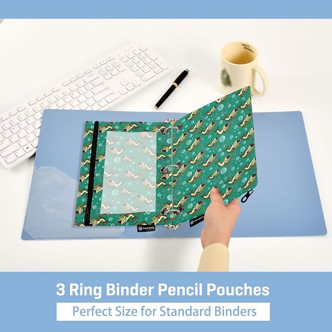 Deep Sea Fish Binder Pouches 3 Ring for Boys Girls School Office College Supplies Ocean Theme Fishman Pencil Pouches Case Bag with Clear Window and Zipper 2 Pack