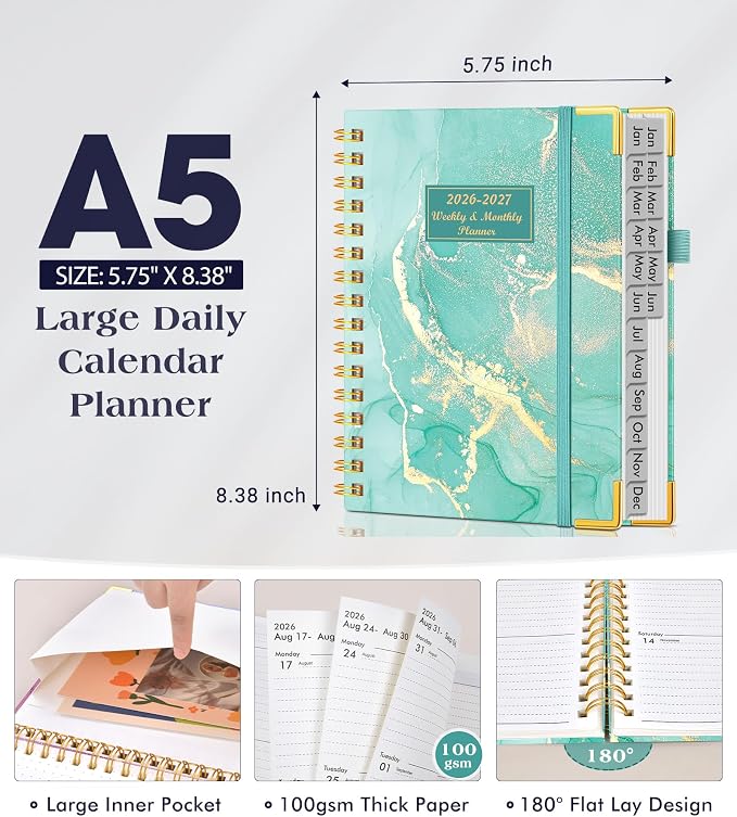 Planner 2026-2027, 18 Months Weekly and Monthly Hardcover Planner, January 2026 - June 2027, 5.75" x 8.38" A5 Daily Calendar Planner Book with Tabs, Spiral Yearly Agenda Organizer Notebook for School Work Home, Teal Marble