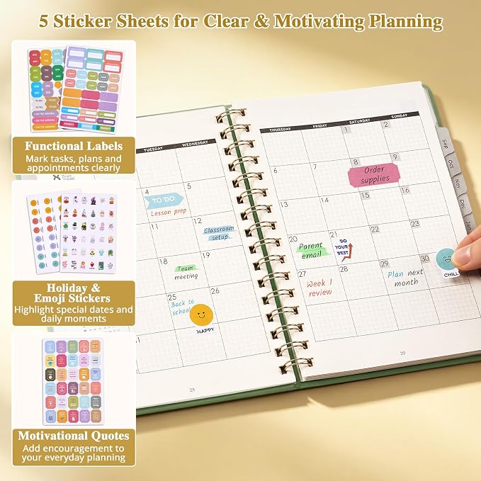 JoyCat Academic Planner 2026-2027, A5 Weekly & Monthly, Green | July 2026-June 2027 A5 planner combines weekly and monthly layouts, tabs, grid notes and sticker sheets.