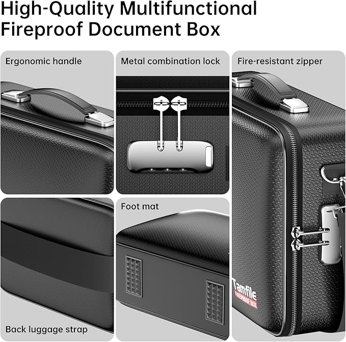 Tamfile Fireproof Document Box, Hard Case Safe File Box with Lock, Black | 5200°F, Water Resistant,8-Layer Fireproof Safe File Organizer with Accordion File Folder for Important Documents,Passports