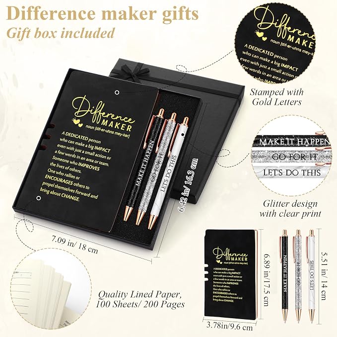 Thenshop 5 Pcs Difference Maker Gifts Journal with Pen Leather Notebook 3 Ballpoint Pens Box Thank You Gift for Nurse Boss Employee Coworker Teacher Volunteer Social Worker Assistant(Black)
